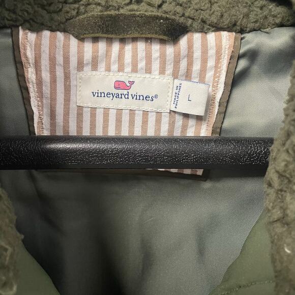 Vineyard Vines Olive Green Quilted Jacket Sherpa Collar Womens Large AS IS - Picture 4 of 10